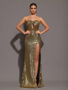 Modphy 全新无袖亮片镂空露背高开叉长礼服，性感吊带派对礼服，适合婚礼、节日、派对 - 金色 - 查看 2