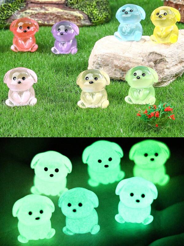 6pcs/7pcs/9pcs Package Includes A Variety Of Multi-Color Luminous Silly Cute Dog Animal Ornaments, Cute Gardening Micro Landscape Resin Ornaments, Desktop, Bedroom, Car Ornaments, Decorative Luminous DIY Accessories.