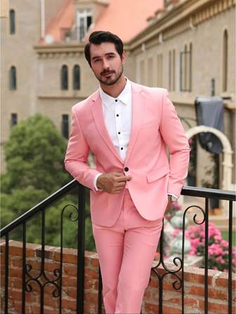 Elegant Light Pink Men's Suit, Casual Versatile Suit For Wedding, Party