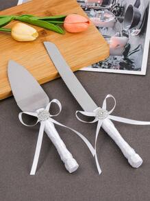 1 pieza Cuchillo y Servidor de decoración de mesa de boda estilo europeo, cortador de tarta hecho a mano con lazo de encaje y strass, cubertería de mesa para fiesta de bodas