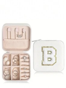 1 pièce Boîte de voyage pour bijoux avec initiale A-Z, étui de rangement multifonctionnel pour bijoux, mini boîte de rangement pour bijoux, organisateur de maquillage, porte-bijoux, sac cosmétique, sac de toilette, cadeau idéal pour les femmes, petite amie, amis, anniversaire, Noël, Halloween - Boîte de voyage pour bijoux avec initiale rose, cadeau de Noël pour adolescentes, retour à l'école