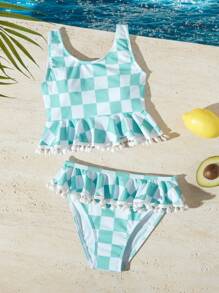 Tween Girl Checkered Print Split Swimwear - Multicolor - View 1