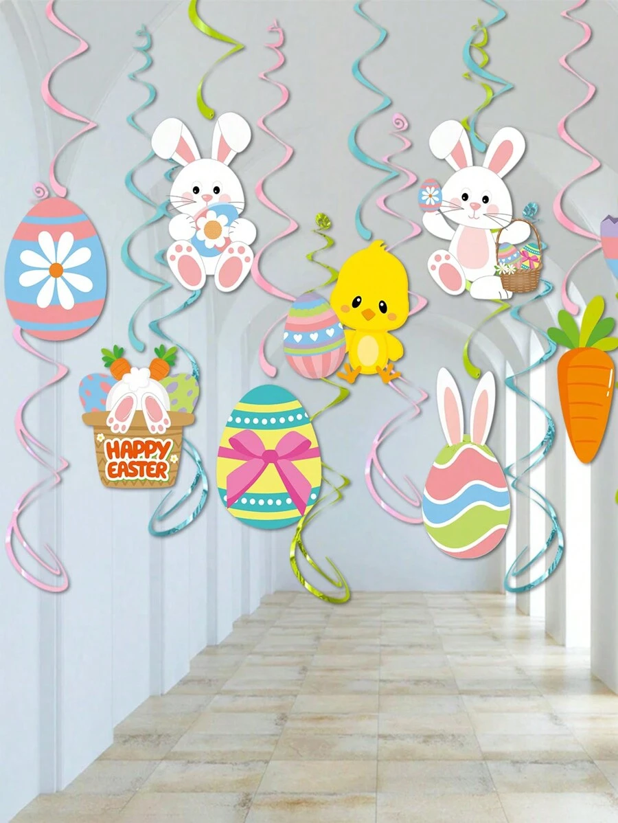 16pcs Easter Hanging Spiral Flower Decor, No DIY Required, Easter Party Rabbit Egg Ceiling Hanging Decorations, Easter Spring Party Supplies Spiral Flower Shiny Foil Ceiling Spiral Flower Decor - 彩色 - 查看 1
