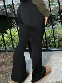 大码女士休闲纯色交叉腰舒适裤，适合秋季 - 黑色 - 查看 3