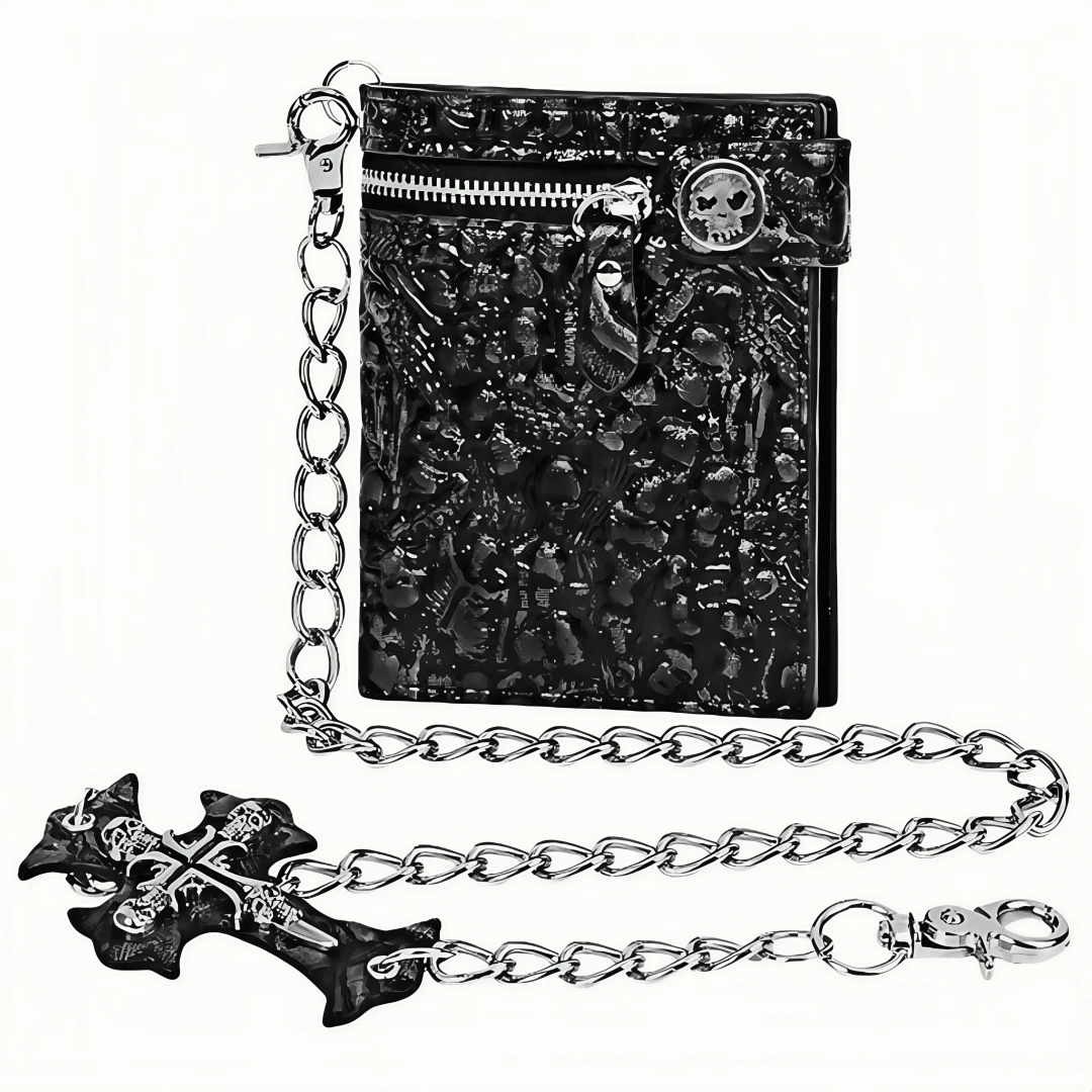 Unisex Gothic Punk Skull Chain Wallet - Bifold Faux Leather Halloween Goth Accessories-Black For Women Wallet Purse Wallet Small Wallet - Black - View 1