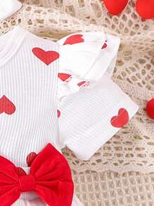 1pc Baby Girls' Cute Print Short Sleeve Bodysuit + Headband & Leg Warmers Set, Lightweight Summer - Red and White - View 4