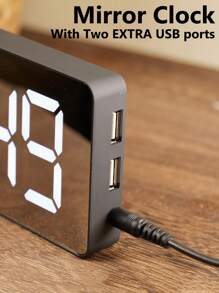 1 件黑色镜面时钟闹钟温度 LED 带 2 个 USB 集线器