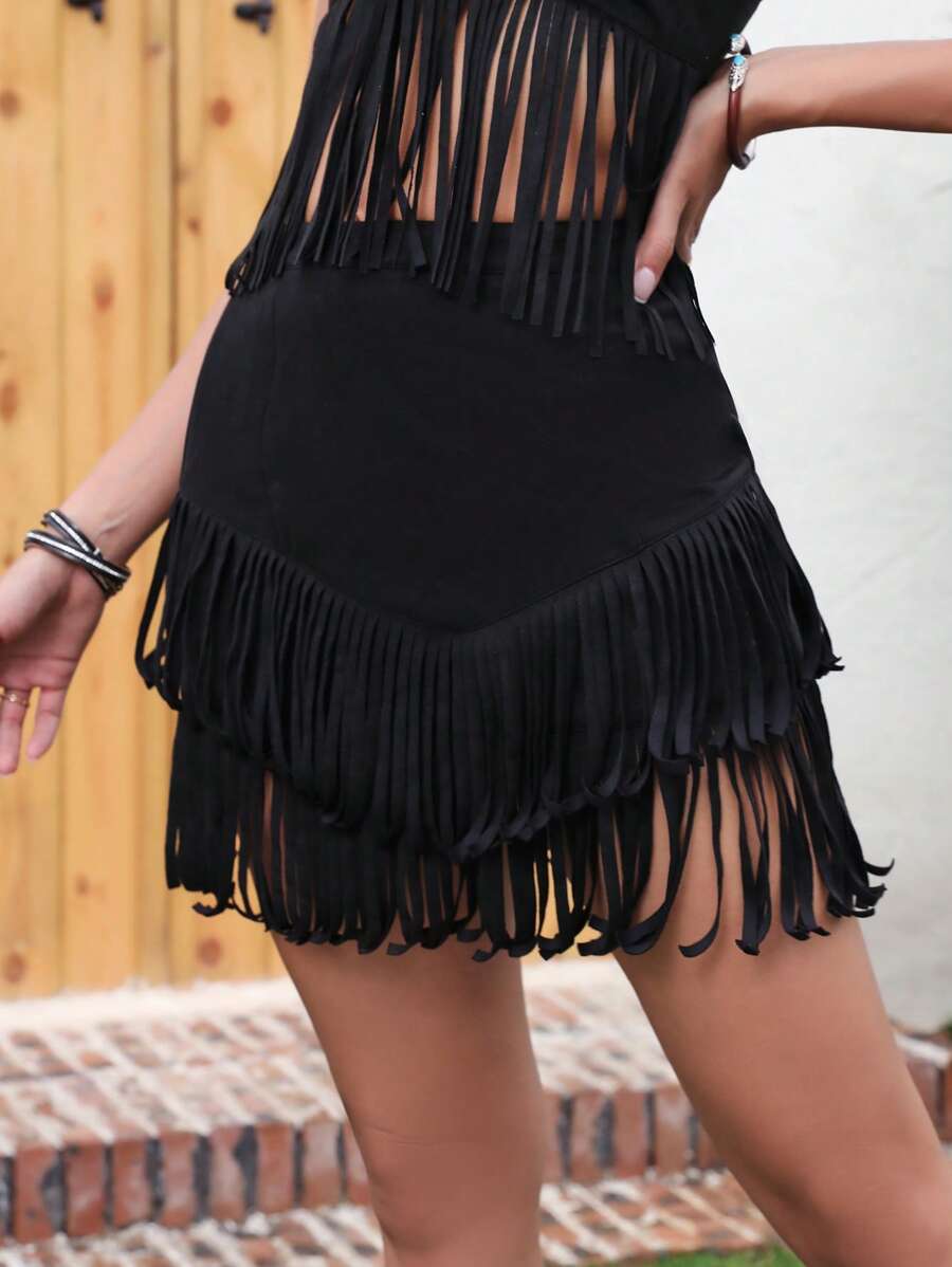 Women Faux Suede Casual Tassel Skirt - Black - View 1