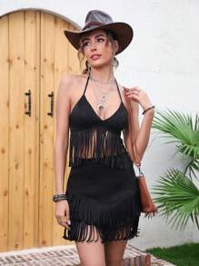 Women Faux Suede Casual Tassel Skirt - Black - View 8