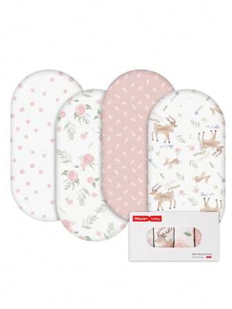 GLLQUEN BABY 4 ชิ้น ผ้าปูที่นอน Bassinet, ผ้าระบายอากาศดี นุ่มสบาย เข้ารูปพอดี, แผ่นรองที่นอนแบบยางยืดลายดอกไม้ทันสมัยสำหรับเปลเดินทาง, ผ้าปูที่นอนเด็กอ่อนสำหรับเด็กผู้ชายและเด็กผู้หญิง 32"X16" (กวางและกุหลาบ), ได้รับการรับรอง Oeko-Tex