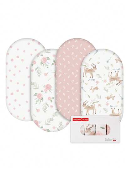 GLLQUEN BABY 4 pièces Ensemble de draps de lit de bébé, protège-matelas de lit de bébé doux et respirant, literie de lit de voyage élastique, motif floral pour bébé garçon et fille, 32" X 16", certifié Oeko-Tex