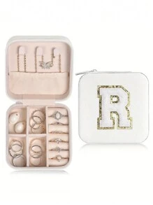 1 pièce Boîte de voyage pour bijoux avec initiale A-Z, étui de rangement multifonctionnel pour bijoux, mini boîte de rangement pour bijoux, organisateur de maquillage, porte-bijoux, sac cosmétique, sac de toilette, cadeau idéal pour les femmes, petite amie, amis, anniversaire, Noël, Halloween - Boîte de voyage pour bijoux avec initiale rose, cadeau de Noël pour adolescentes, retour à l'école