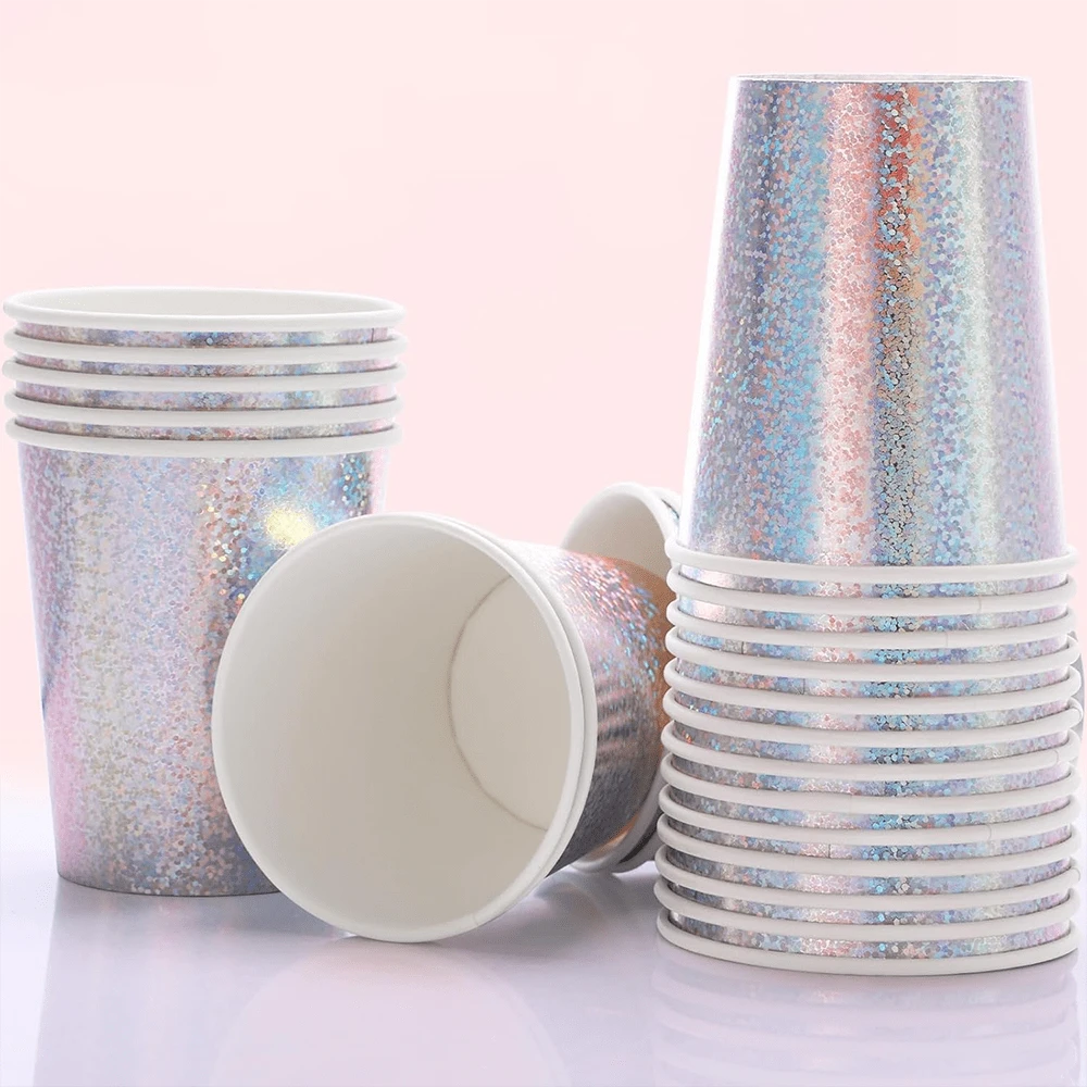 10pcs/20pcs/50pcs Silver Iridescent Shimmer Paper Cups Holographic Bachelorette Party Drinking Cups Rainbow Silver Party Cups For Birthday Beverages Water Coffee And Tea Tablescape Supplies - Silver Dot - View 1