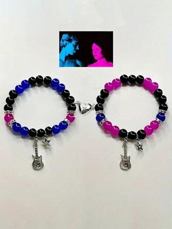 Set de 2 piezas: Imán de guitarra de moda, pulsera con cuentas de estrella de piedra natural, adecuada para novias, atuendos de fiesta, excelente regalo para el Día de la Madre