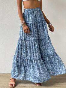 High Waist Elastic Waist Ditsy Floral Maxi A-Line Flowy Skirt - Blue - View 4