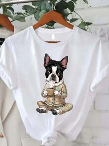 Dog Print Women's T-Shirt, Summer Women's Casual Fashion, Comfortable, Soft, Sports Fitness, Daily Outdoor Crewneck Short Sleeve T-Shirt - White - View 2