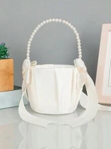 1pc 白珍珠手提花篮，西式婚礼象牙缎蝴蝶结花篮，抛花篮，新娘婚礼花篮，西式婚礼用品新娘伴娘抛花篮 - 白色 - 查看 4