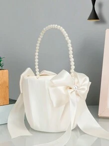 1pc 白珍珠手提花篮，西式婚礼象牙缎蝴蝶结花篮，抛花篮，新娘婚礼花篮，西式婚礼用品新娘伴娘抛花篮 - 白色 - 查看 2
