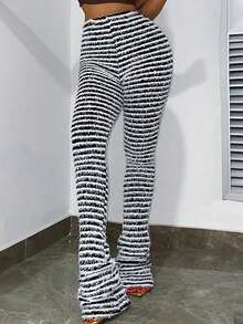 Women's Leggings Women's Layered Striped Plush Knitted Ultra-Long Pants Sexy Women's Clothing - 黑色 - 查看 4