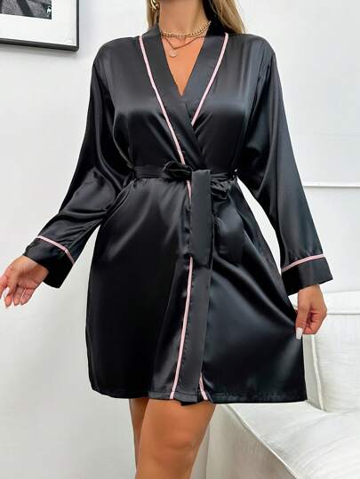 1pc Women's Solid Color Elegant Tie Waist Thin Lightweight Sexy Short Length Silky Soft Robe, Suitable For Home Wear, Fall, Winter