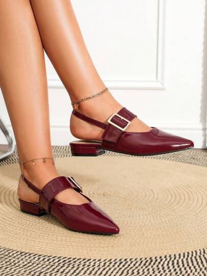 Scarpe slingback con punta quadrata e platform in bordeaux, con fibbia regolabile, cinturino posteriore ed inserto elastico, design semplice e alla moda, versatile