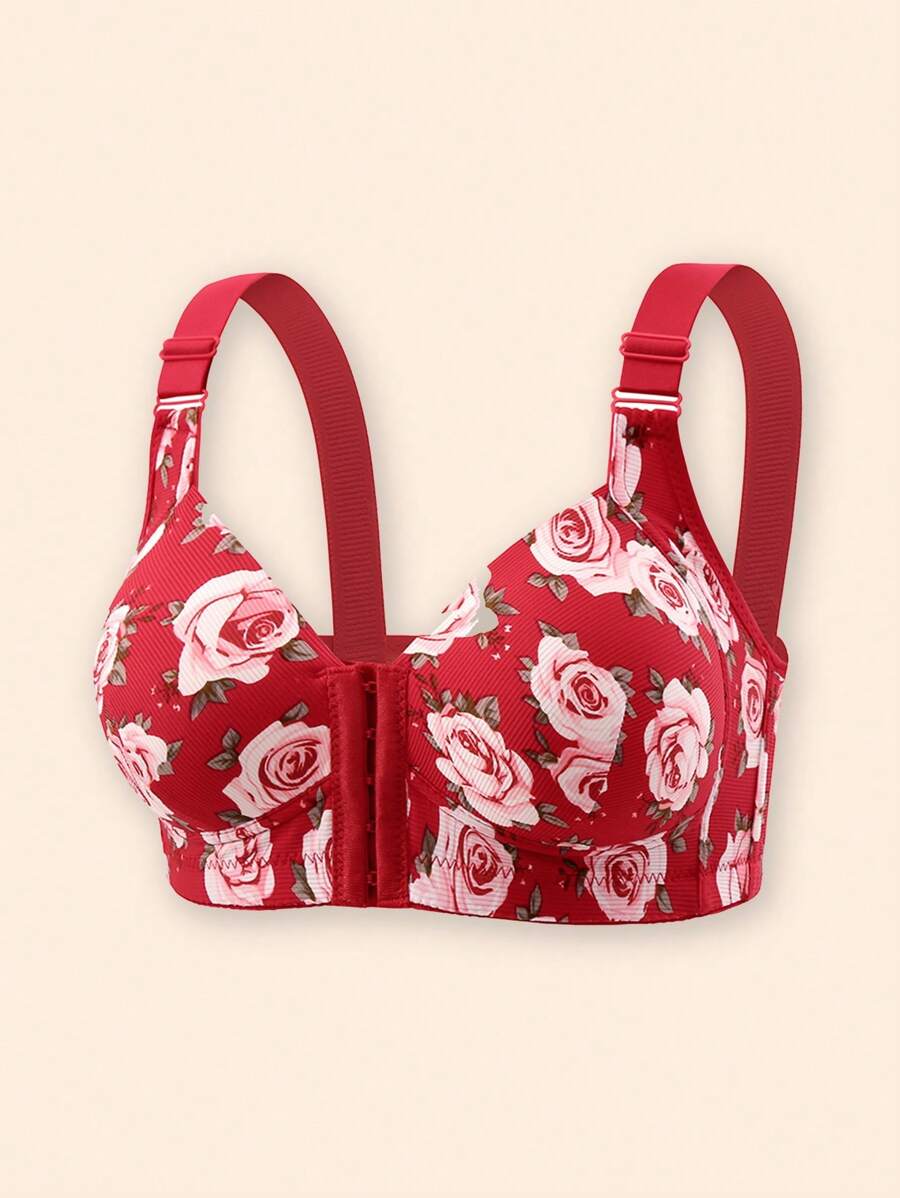1pc Women Floral Print Adjustable Strap Comfort Front Close Wireless Convertible Lingerie Bra - Red - View 1