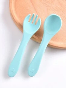 1 对定制硅胶叉勺套装，柔软、耐用、易于清洁，婴儿喂养用品，适合所有季节