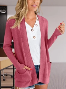 Womens Open Front Cardigans Casual Long Sleeve Classic Knit Sweater Outerwear With Pockets - 紅色 - 查看 3