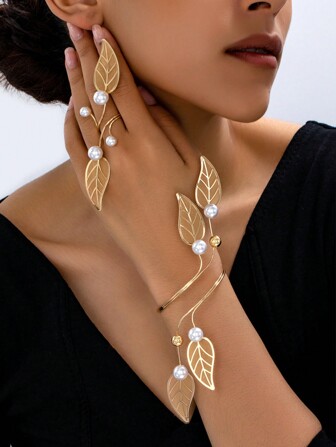 1 set elegant geometrisk linje Lövpärlor dekorerad armband och ring smyckesset, kvinnor dam present till fest