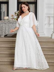 Váy cưới Maxi tay đèn lồng lưới họa tiết hoa cỡ lớn cổ chữ V đính hạt sequin hoàn toàn - trắng - Xem 4