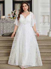 Váy cưới Maxi tay đèn lồng lưới họa tiết hoa cỡ lớn cổ chữ V đính hạt sequin hoàn toàn - trắng - Xem 1