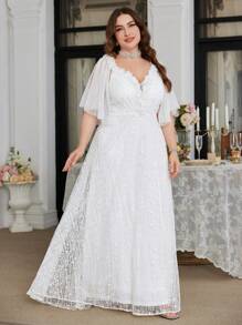 Váy cưới Maxi tay đèn lồng lưới họa tiết hoa cỡ lớn cổ chữ V đính hạt sequin hoàn toàn - trắng - Xem 2