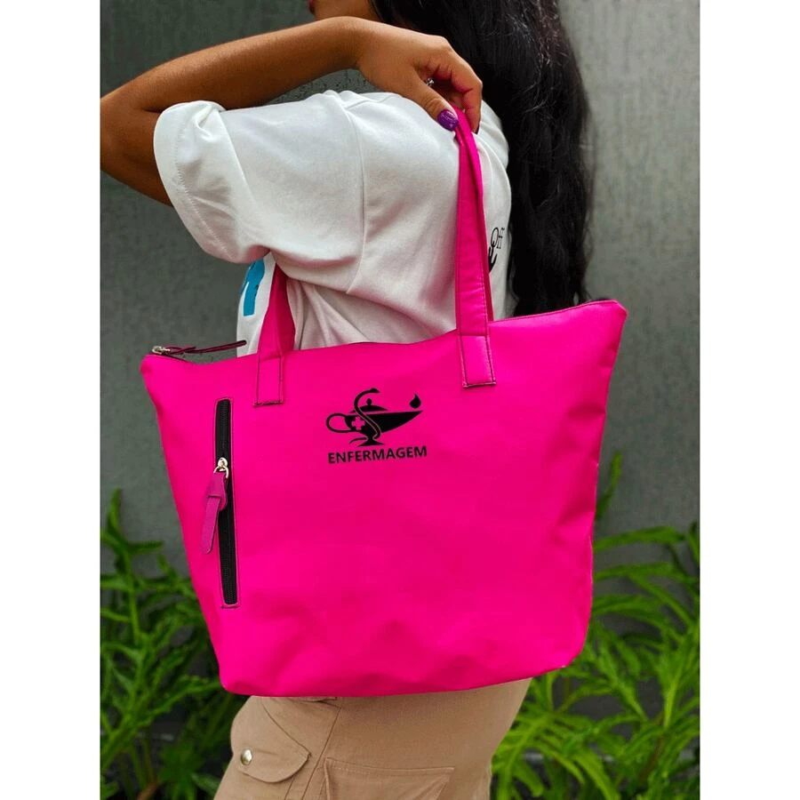 Bolsa Shopper Nylon ENFERMAGEM de Ombro Clean Esportiva Academia Bags Gym Masculino Feminino Ziper Vertical Frontal Resistente - Pink - Visão 1