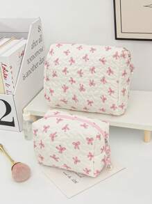 花卉蝴蝶结装饰化妆包，布艺印花拉链袋，甜美风格盥洗包，化妆包，适用于家庭、旅行、日常使用，女士化妆品收纳包，化妆品收纳袋，迷你袋，旅行小化妆盒配件，化妆架，刷子包，化妆容器，化妆包，旅行必需品，女士配件，旅行用品，夏季旅行，度假，家居浴室装饰，节日化妆品收纳包，浴室配件，返校 - 粉色 - 查看 10