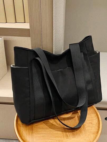 Bolso de mano de color liso y estilo minimalista casual para mujeres, de gran capacidad con bolsillos con cremallera múltiples y correa ancha, adecuado para uso diario, compras, viajes, escuela, estilo artístico como bolso escolar y bolso de libros para mujeres o estudiantes, perfecto para libros, compras, vuelta al cole y talla grande