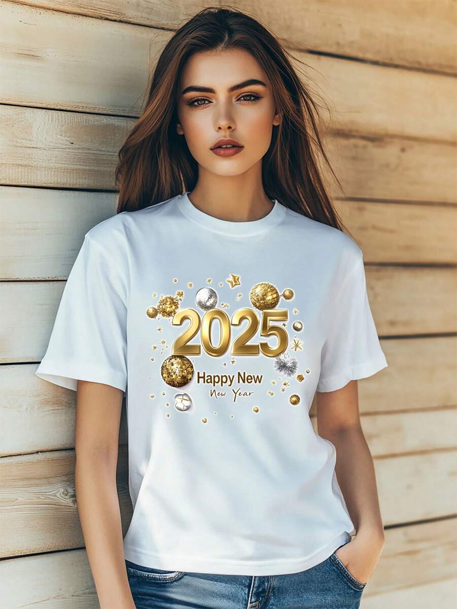 Women's Summer Casual T-Shirt Fashion 2025 New Year Simple Fashion Gilding Gilding Print Short Sleeve Round-Neck Slm Fit Tops Streetwear