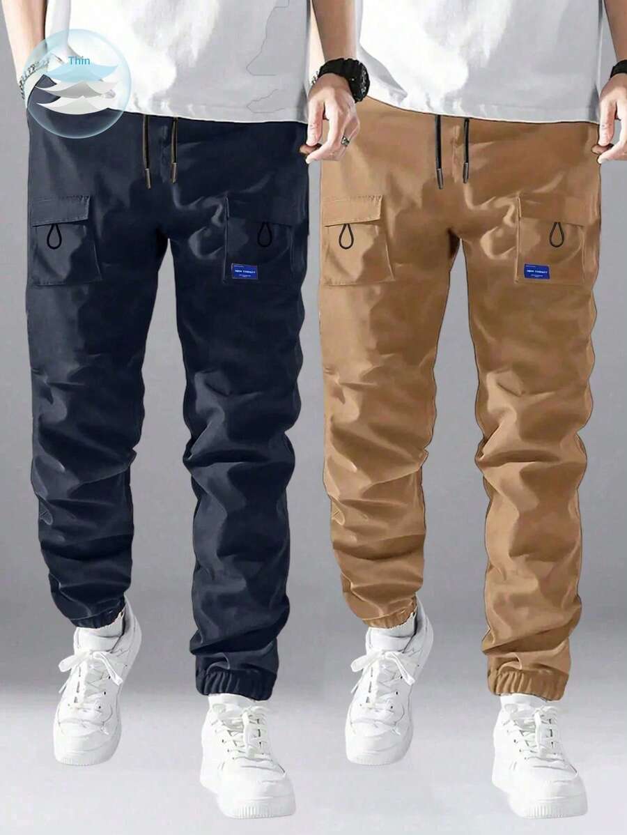 2pcs Tween Boy Casual Drawstring Cargo Pants, Fashion Streetwear, Spring Autumn Summer - Navy Blue - View 1