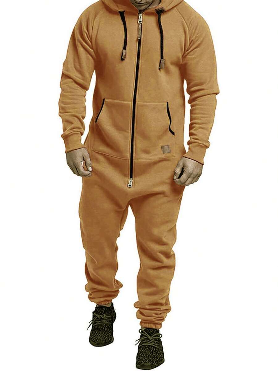 Men Winter Hooded Jumpsuits With Pockets Full Zipper Up Sweatsuit - 薑黃色 - 查看 1