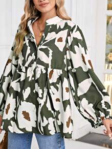 Boho Retro Vintage  90's Khaki Beige Apricot Ruffle V Neck Half Sleeve Loose Top Shirt Blouse - 三葉草 - 查看 1