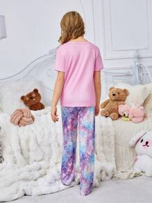 XUMPLO 3pcs/Set Girls Comfortable & Breathable Mermaid Print Round Neck Short Sleeve T-Shirt, Shell Shorts & Pants