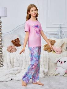 XUMPLO 3pcs/Set Girls Comfortable & Breathable Mermaid Print Round Neck Short Sleeve T-Shirt, Shell Shorts & Pants