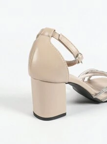 Qin TiNian 女士高跟凉鞋，春夏新品，露趾性感女鞋，适合派对、婚礼，米色高跟鞋，带闪亮水晶装饰，交叉带，中跟，博主/影响者推荐 - 杏色 - 查看 8