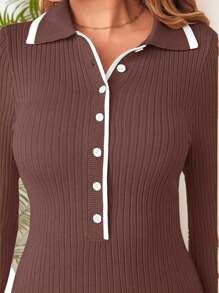 tooluck Old Money Style Skinny Knit Midi Dress, Golf Sport Wear, Solid Color Button Design Pleated Hem, Woman's Clothing - 巧克力棕 - 查看 6