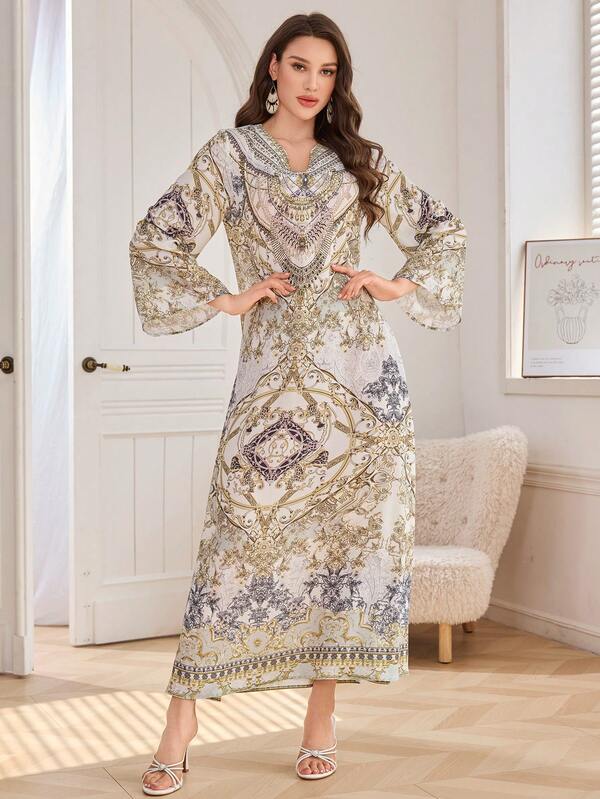 Lockeres, langes Gewandkleid mit Blumen Muster für Damen, traditioneller türkischer und arabischer Stil