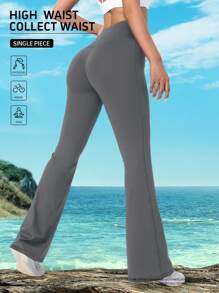 Women's High Waist Pilates Sports Yoga Pants, High Elasticity Flare Leg Bell-Bottoms, Breathable Sweat-Wicking Sculpting Leggings With Side Pockets For Gym Outdoor Workout, Casual Wear - Grey - View 2