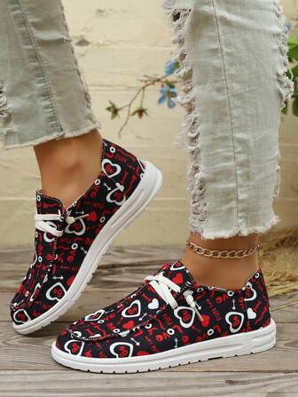 Women's Fashion Heart-Decorated Pattern Flat Comfortable Casual Loafers, Suitable For Valentine's Day