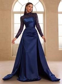 YISIKADO Women's Elegant Luxury Mesh Sequin Stand Neck Long Sleeve Satin Removable Cape Dress For Party, Wedding Guest Dress, Formal Dress, Evening Dress,Gown - Navy Blue - View 2