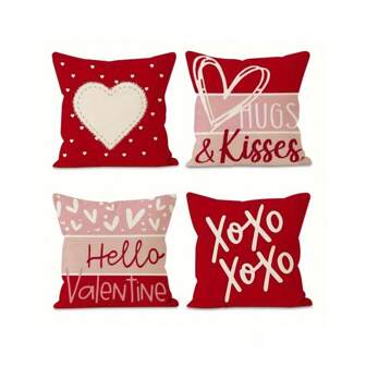 法式情人节装饰枕套一套4个红色心形爱心主题几何枕套带拉链设计可机洗适合家用沙发不含内芯