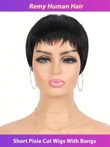 Short Pixie Cut Wig With Bangs For Women Straight Brazilian Remy Human Hair Glueless & Machine Made Perfect For Daily Wear & Parties - SNatural - View 2