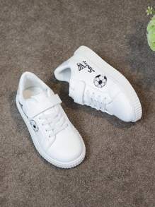 1 Pair Unisex Kids Casual Hook And Loop White Sneakers With Cartoon Embroidered Decoration, Comfortable Breathable Campus Style Flats